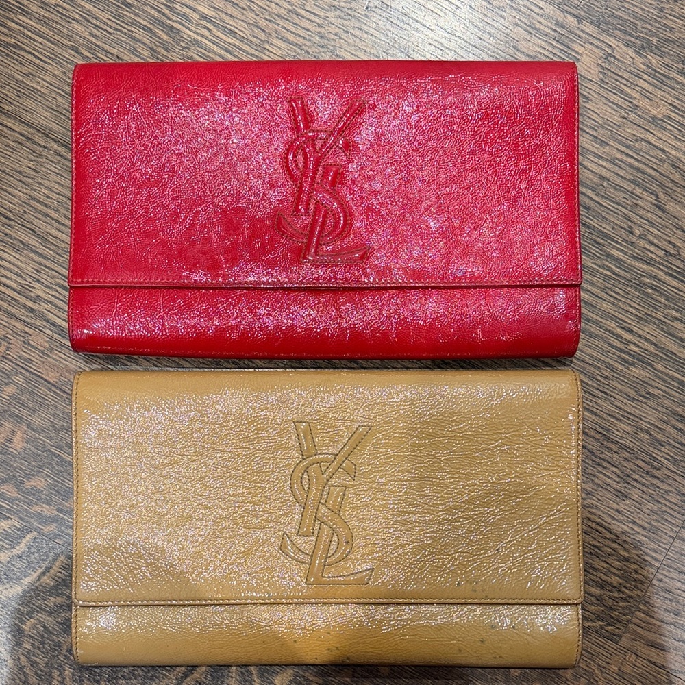Set of 2 YSL Yves Saint Laurent Belle De Jour Leather Clutches - Red & Nude!